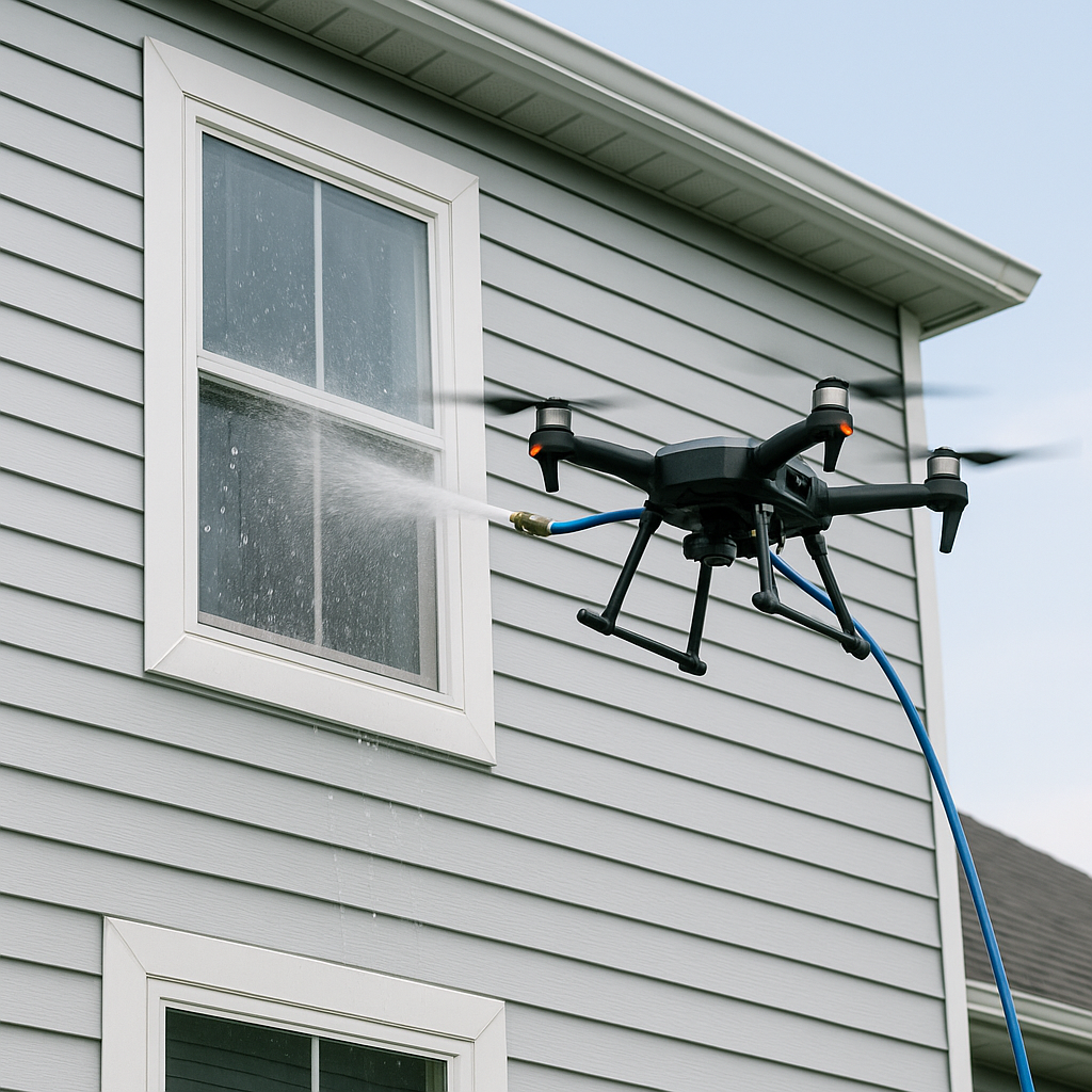 Professional drone cleaning service in action cleaning building exterior